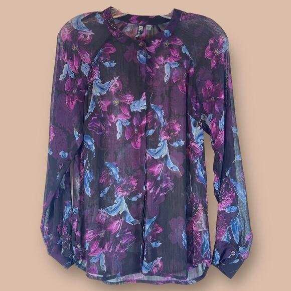 Kut From The Kloth Top Womens XS Purple Sheer Floral Button Up Chiffon Blouse - Picture 1 of 8